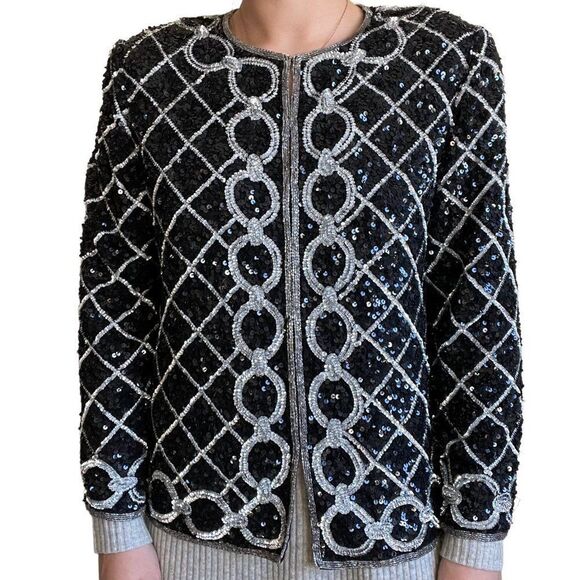 Vintage Womens 80s Silver Black Sequin Sparkly Geometric Silk Embroidered Blouse - Picture 5 of 8
